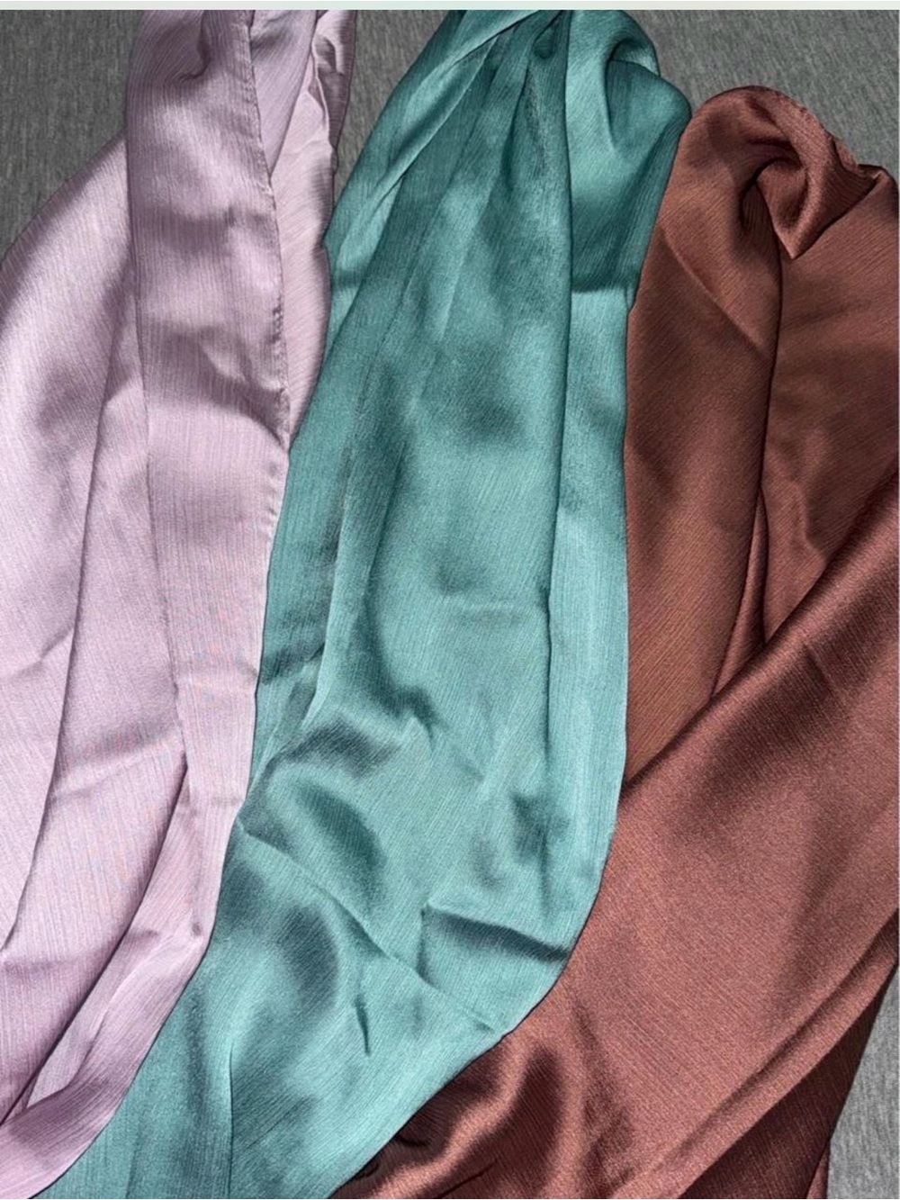 Three Satin Scarves in Lavender, Teal, and Rust